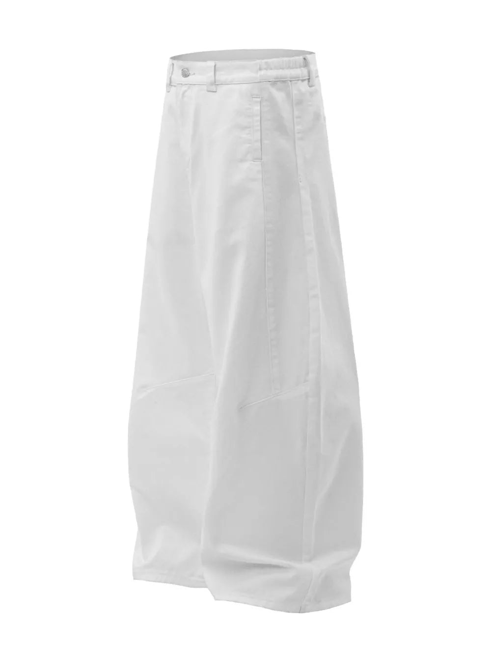White cotton wide-leg men's denim trousers with button closure and pockets.