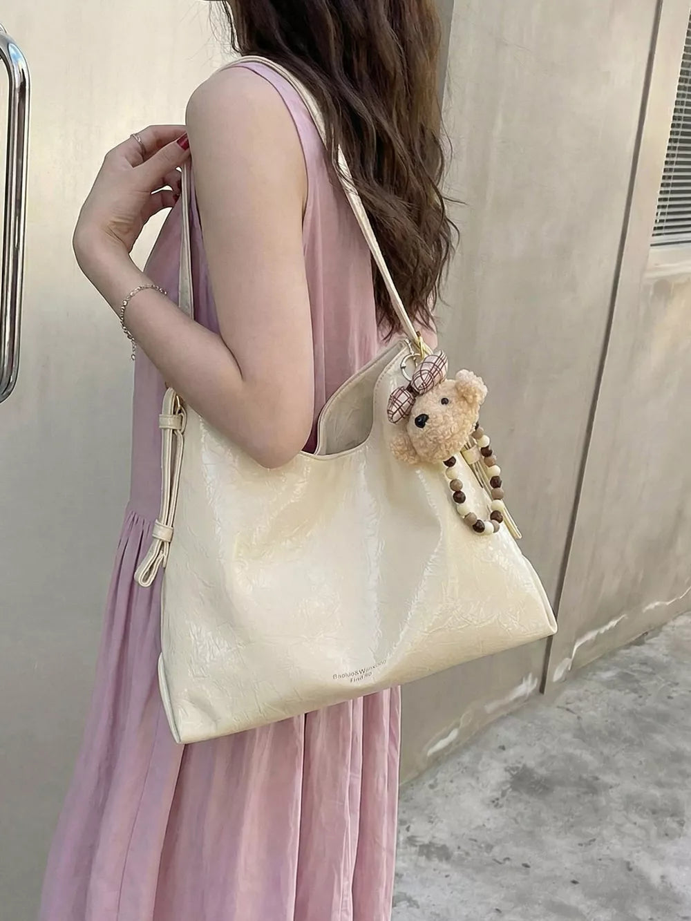 PU Leather Imported Size &amp shoulder bag in Beige with slouchy silhouette