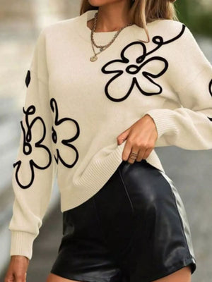 ivory pullover sweater with floral and crew neck