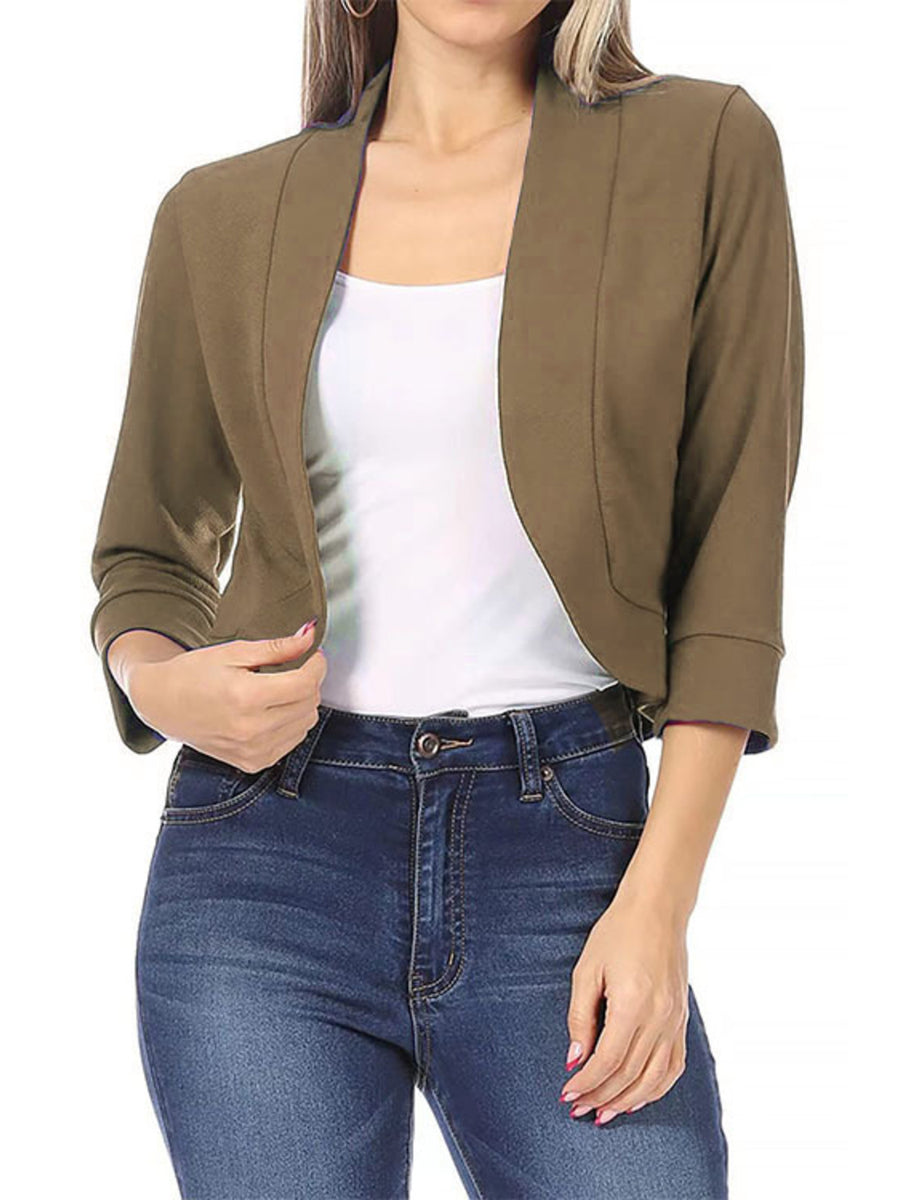 Khaki Full Size Cropped Open Front Blazer Plus Size