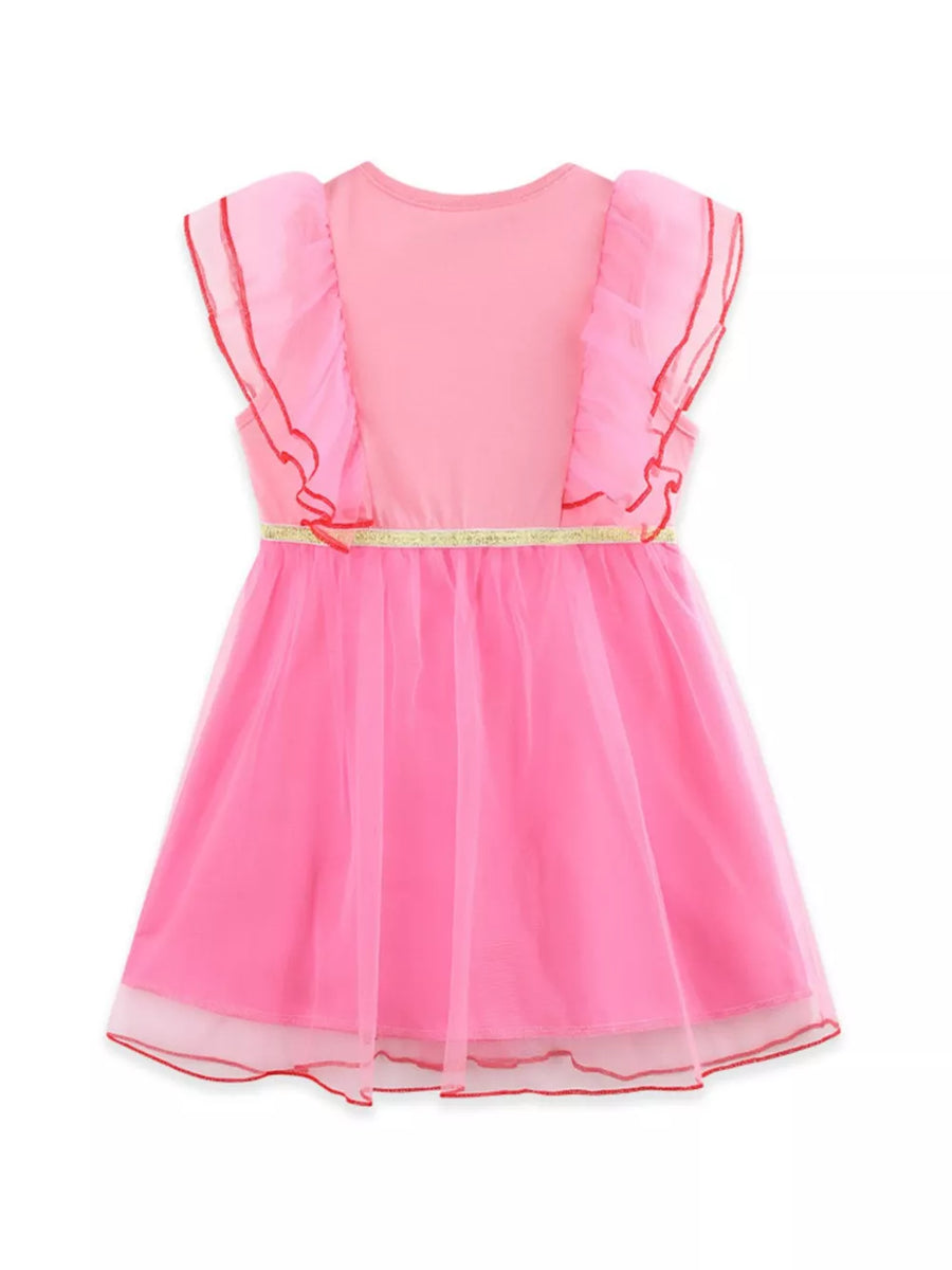 Pink toddler tulle dress with ruffled sleeves, gold belt, and red trim.