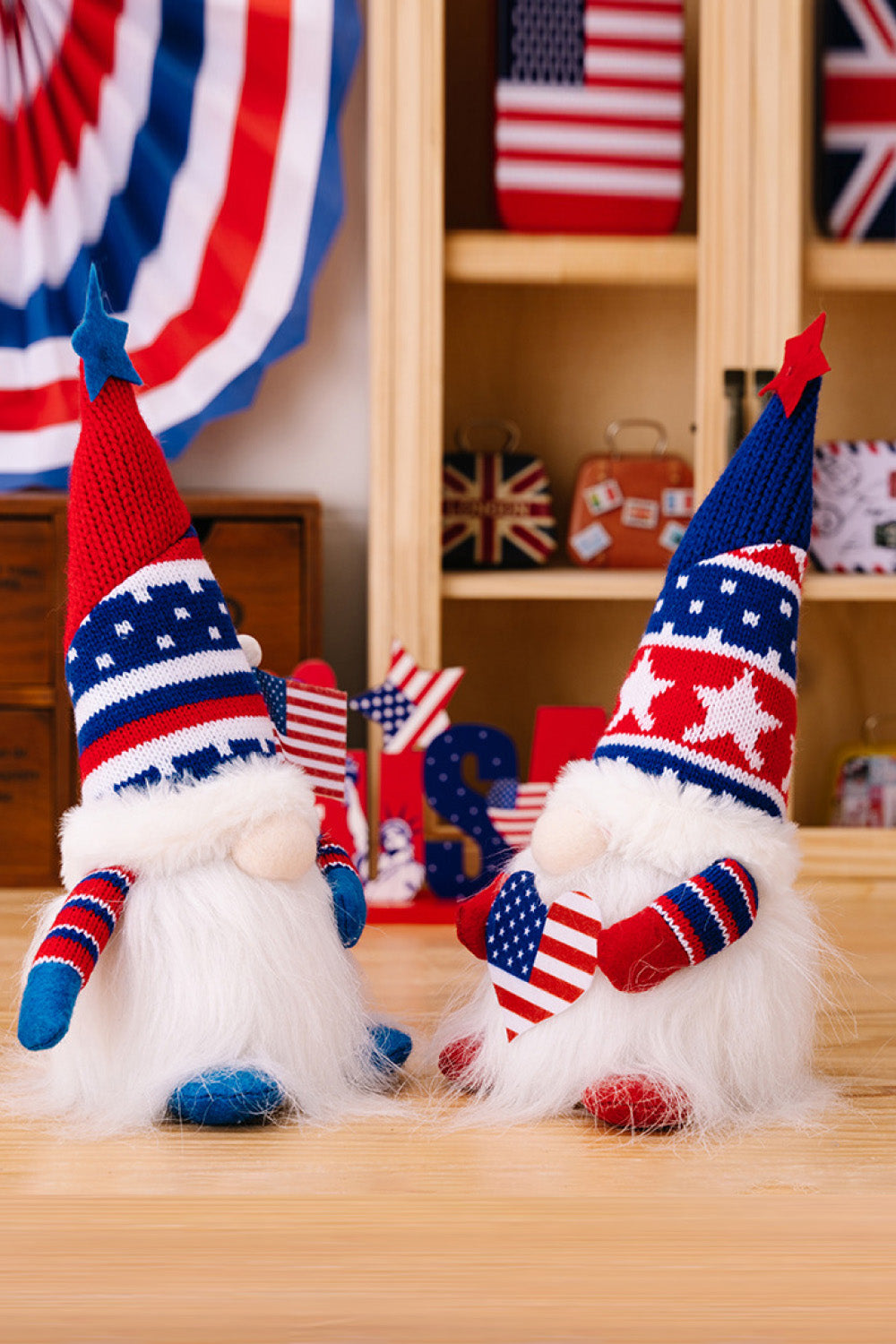 Patriotic knit gnomes in red, white, and blue with American flag details.