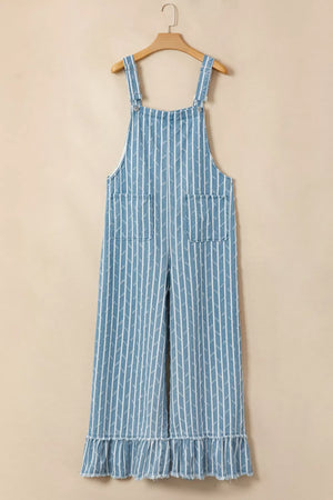 Striped distressed denim overalls with wide legs and ruffled hem.