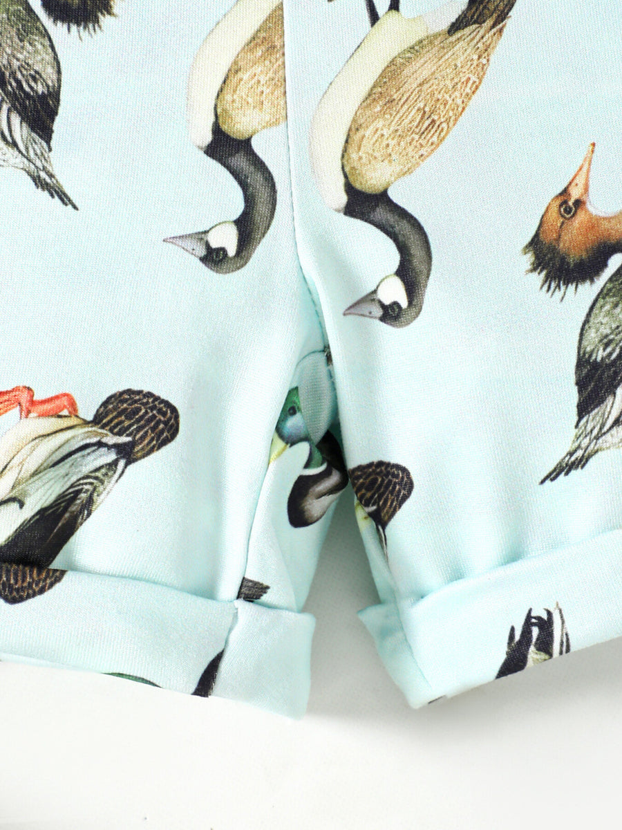 Baby shorts set in light blue cotton blend with a realistic bird print and cuffed hems.