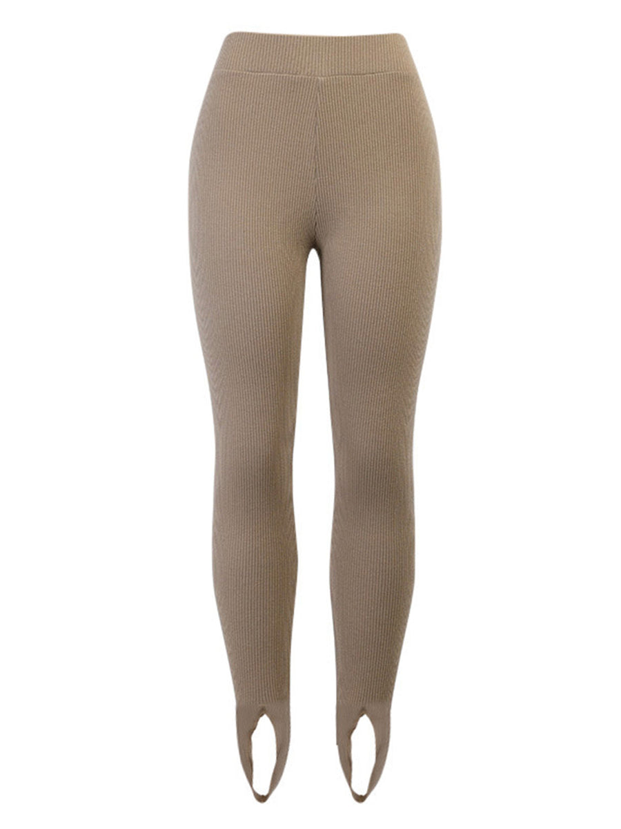 Camel ribbed knit stirrup leggings with a high waist.