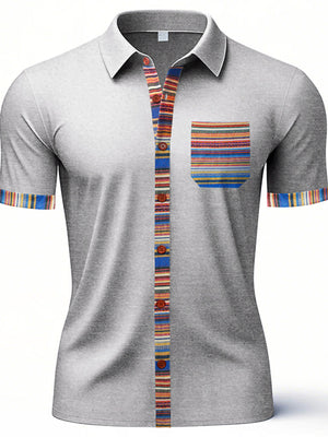 Light gray cotton short sleeve men's button-down shirt with colorful striped trim on placket, pocket, and cuffs.