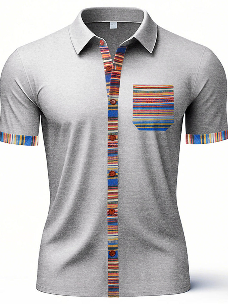 Light gray cotton short sleeve men's button-down shirt with colorful striped trim on placket, pocket, and cuffs.