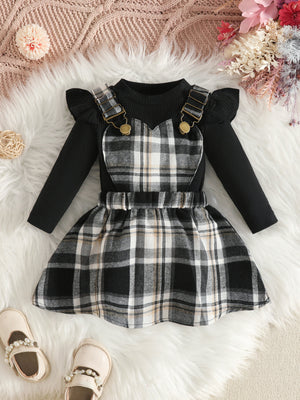 skirt set in Black with plaid and ribbed