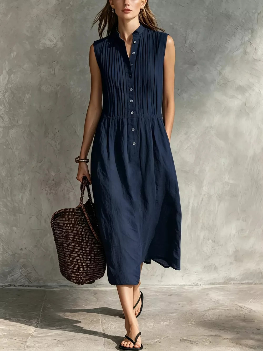 Sleeveless Button Front Midi Dress Plus Size in Khaki
