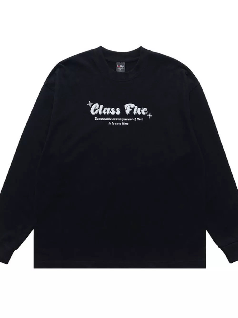 Black long sleeve tee with white Class Five graphic print and text detail.