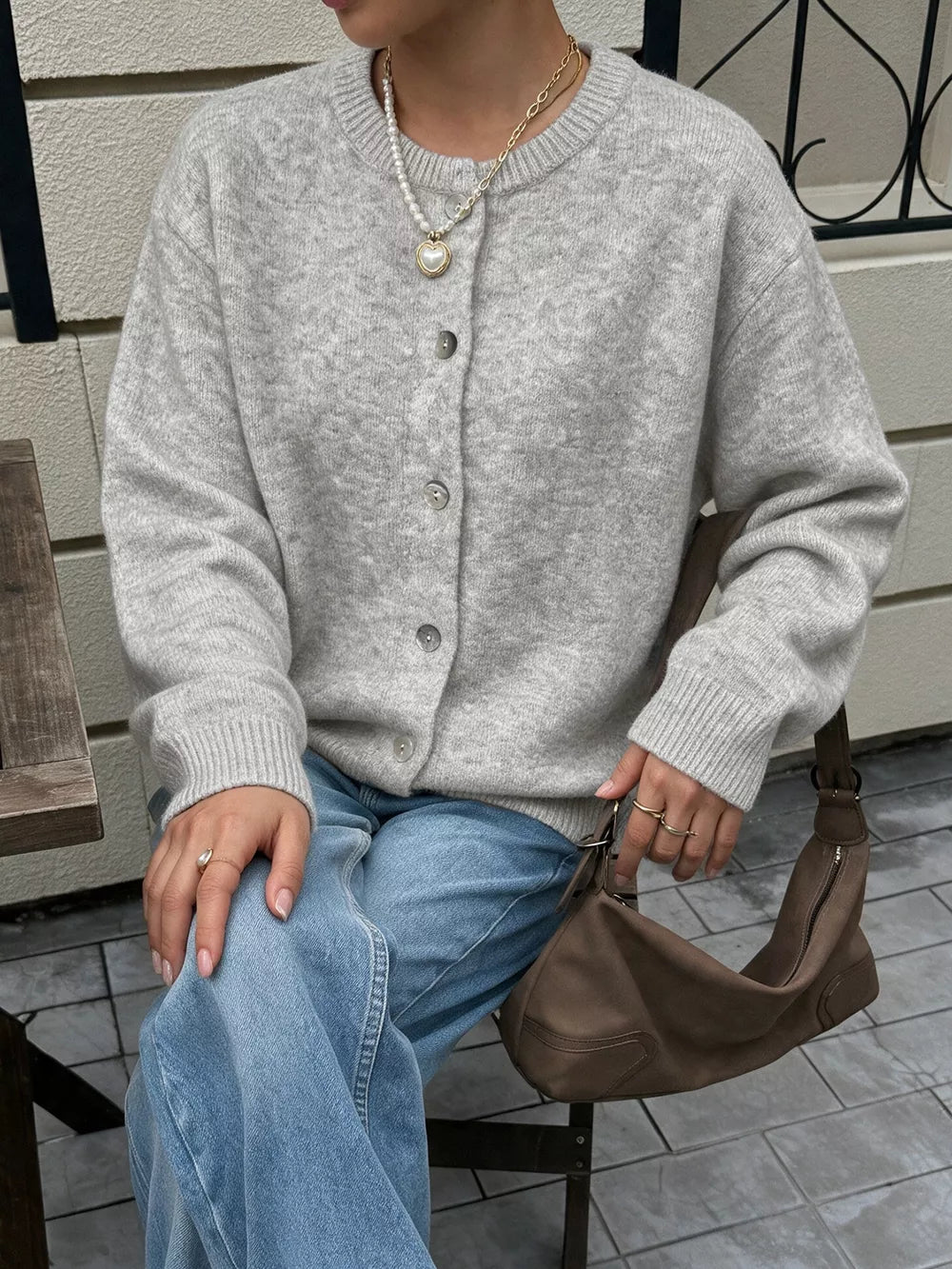 Crew Neck Button-down Cardigan in Gray/white with buttoned