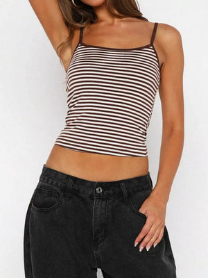 Brown and white striped cami top with a square neckline and thin straps.