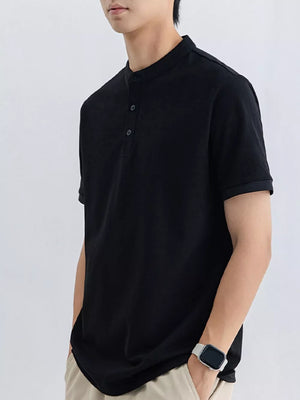 Men's black cotton t-shirt with Mandarin collar and button placket.