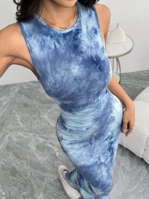 Vibrant sea blue tie-dye bodycon maxi dress with a round neckline and sleeveless cut.