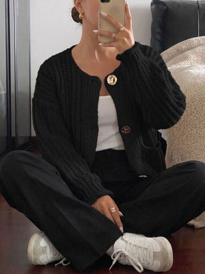 Ribbed Knit Cardigan With Gold Buttons in Black
