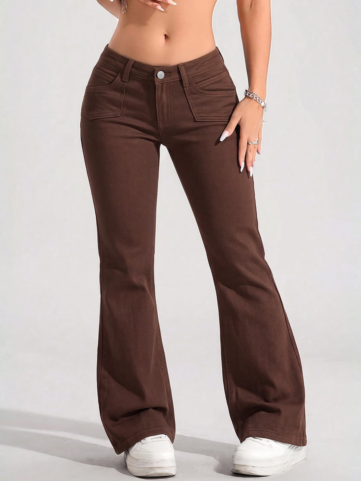 flare jeans in chocolate brown featuring high-waisted and flared fit