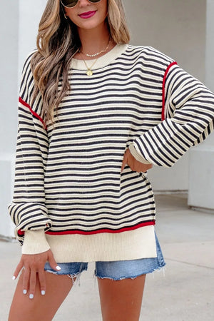 Stripe with Stripe Ribbed Trim Drop Shoulder Oversized Sweater