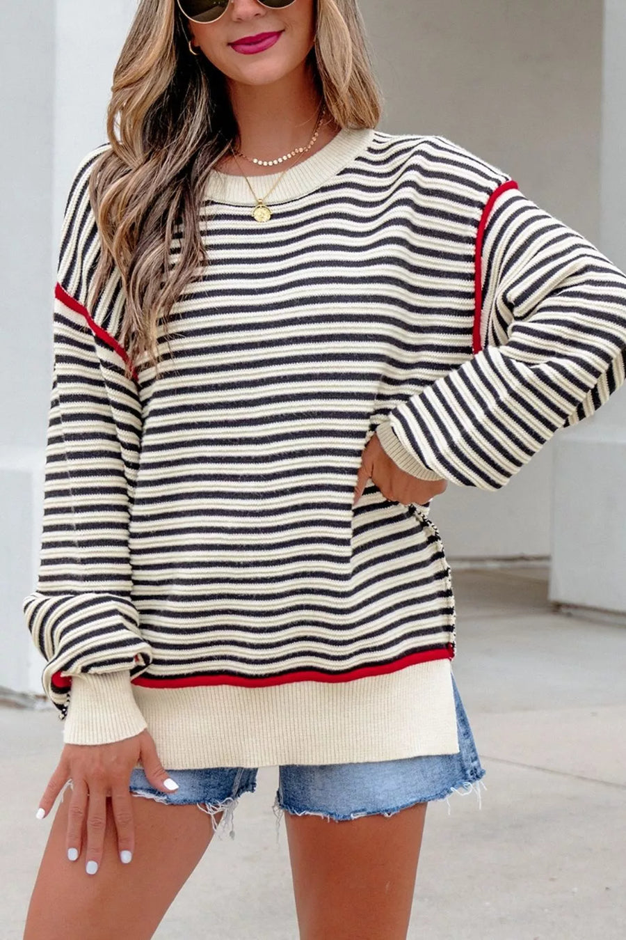 Stripe with Stripe Ribbed Trim Drop Shoulder Oversized Sweater