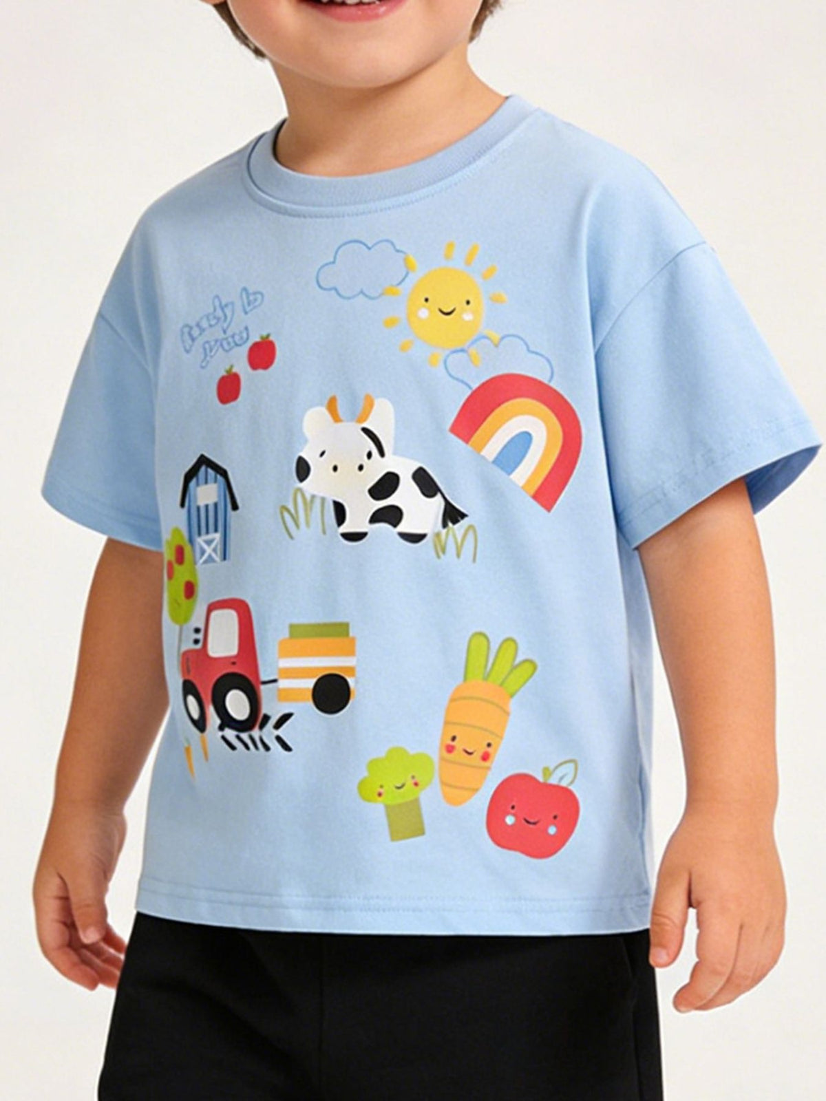 Light blue cotton t-shirt with cartoon farm print, cow, tractor, sun, and rainbow.
