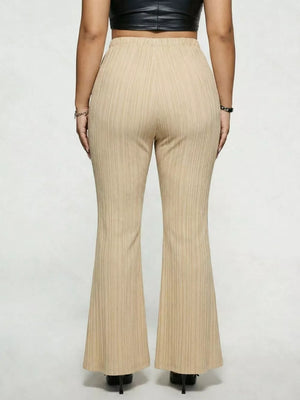 Ribbed high-waist flare maternity trousers in caramel, featuring a subtle buckle detail.