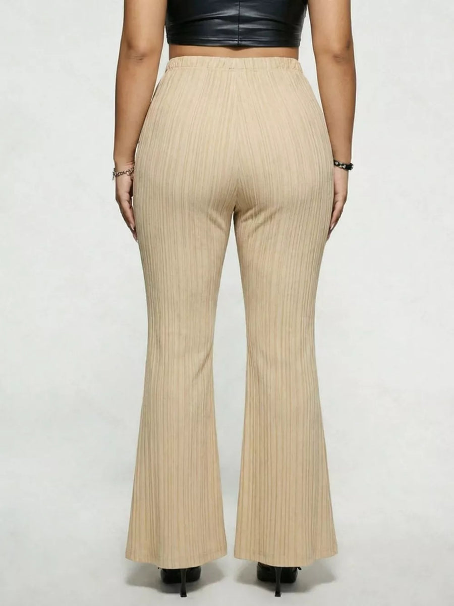 Ribbed high-waist flare maternity trousers in caramel, featuring a subtle buckle detail.