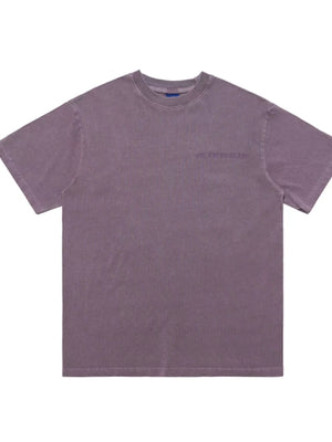 Purple oversized graphic tee, 100% cotton, crewneck, short sleeves, relaxed fit.