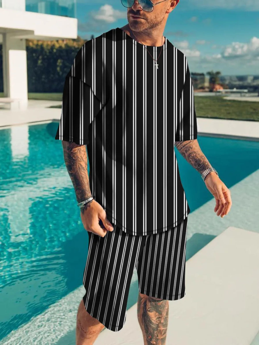 Multicolor Men's Full Size Striped Short Sleeve Top & Shorts Set
