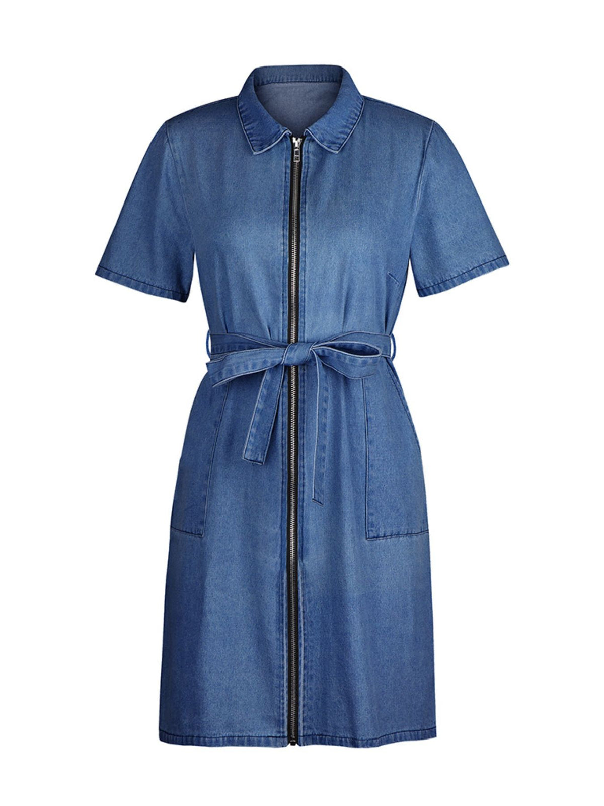 Denim mini dress with short sleeves, collared neckline, zipper front, and tie waist in light blue.
