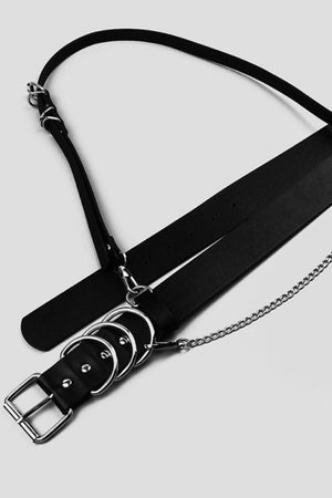 Black PU leather harness belt with silver chain detail and multiple rings