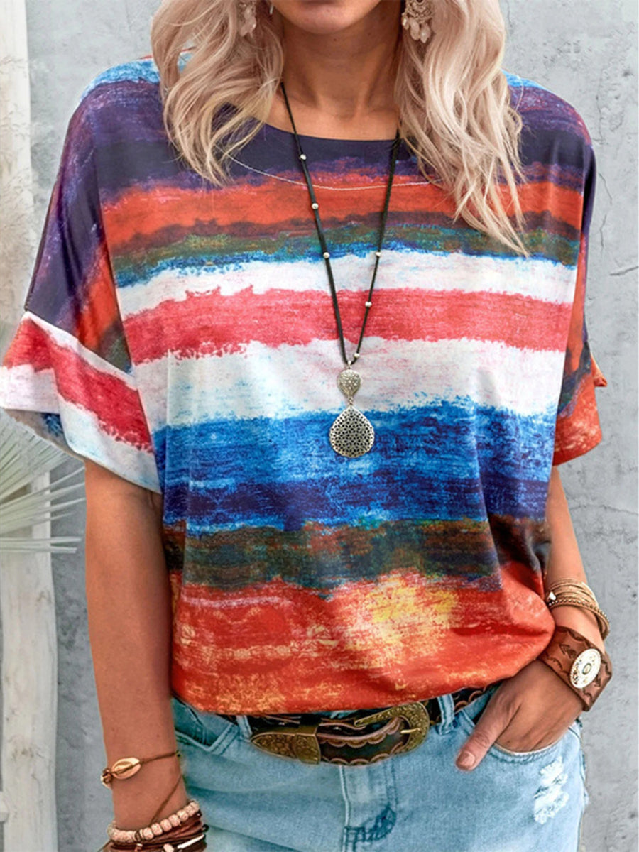 Brushstroke Stripe Casual T-Shirt with short sleeves and a crew neck in a multicolor abstract stripe pattern.