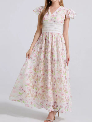 Floral lace midi dress with V-neck, short flutter sleeves, and white crochet waistband.