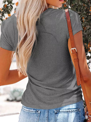 Grey ribbed V-neck t-shirt with short sleeves and button detail.