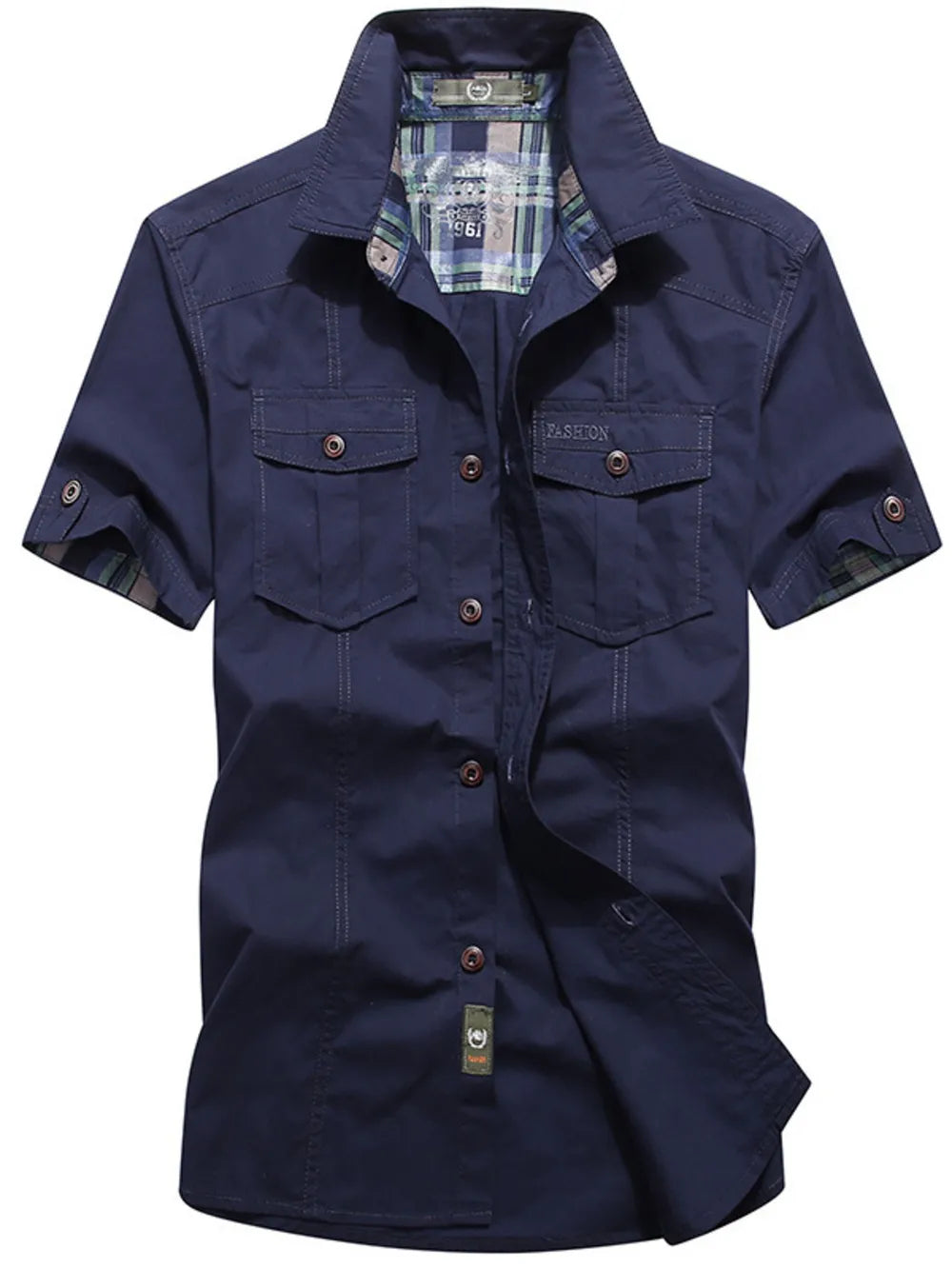 Khaki button-up shirt with hip-length and button-front