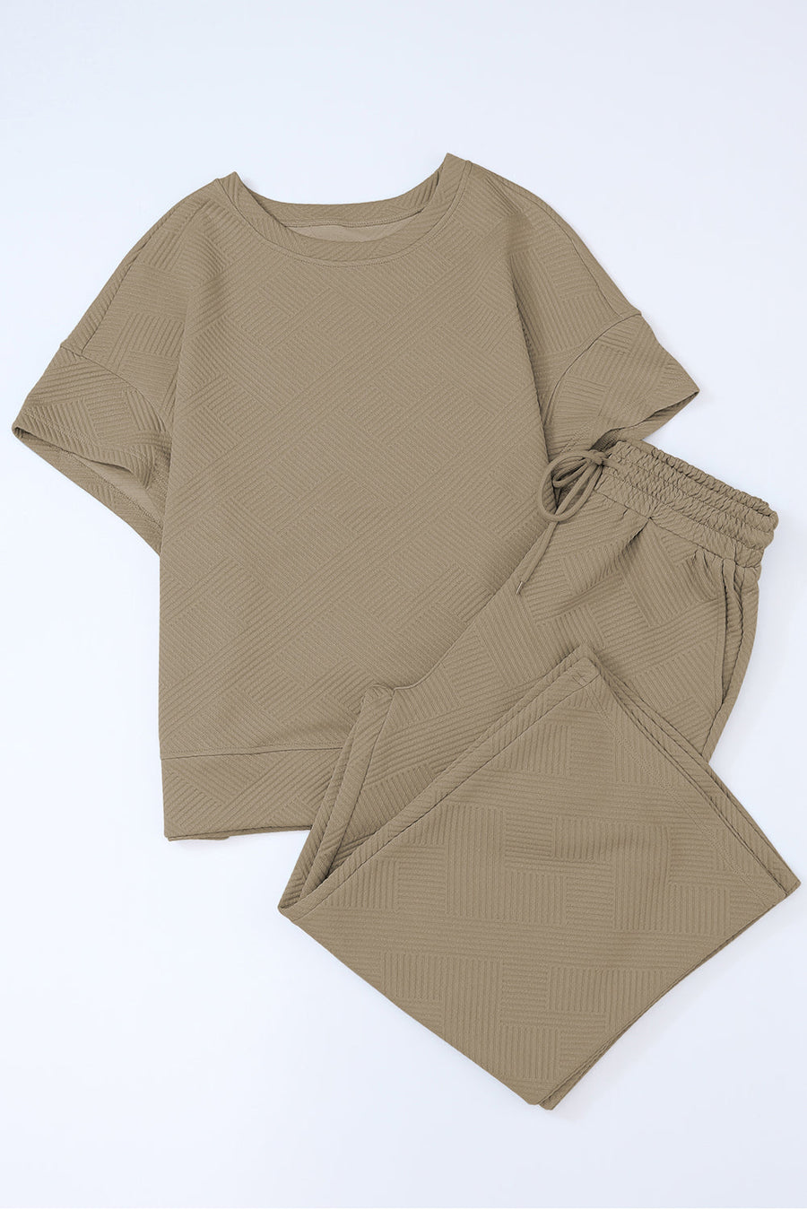 Textured knit tee and wide leg pants set in Khaki with geometric pattern and drawstring waist.