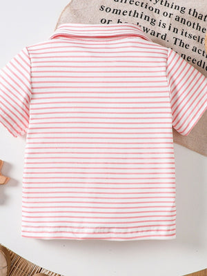 Pink striped cotton polo shirt for baby with classic collar and short sleeves.