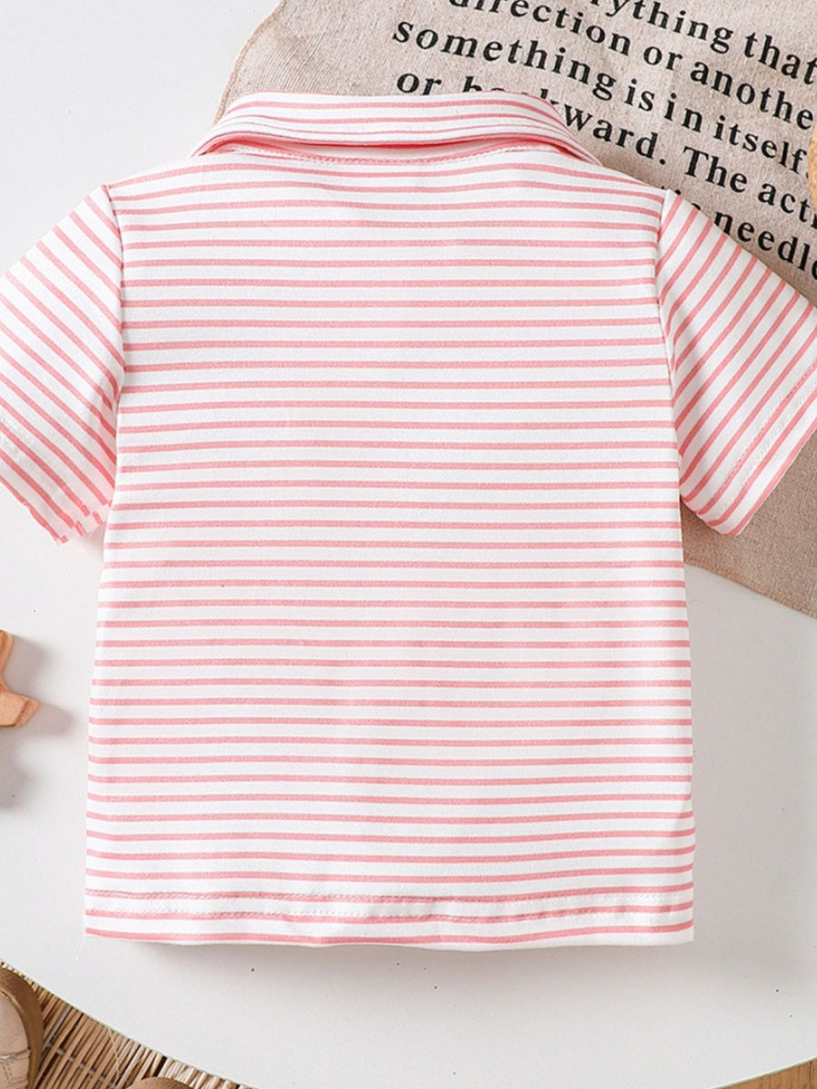 Pink striped cotton polo shirt for baby with classic collar and short sleeves.