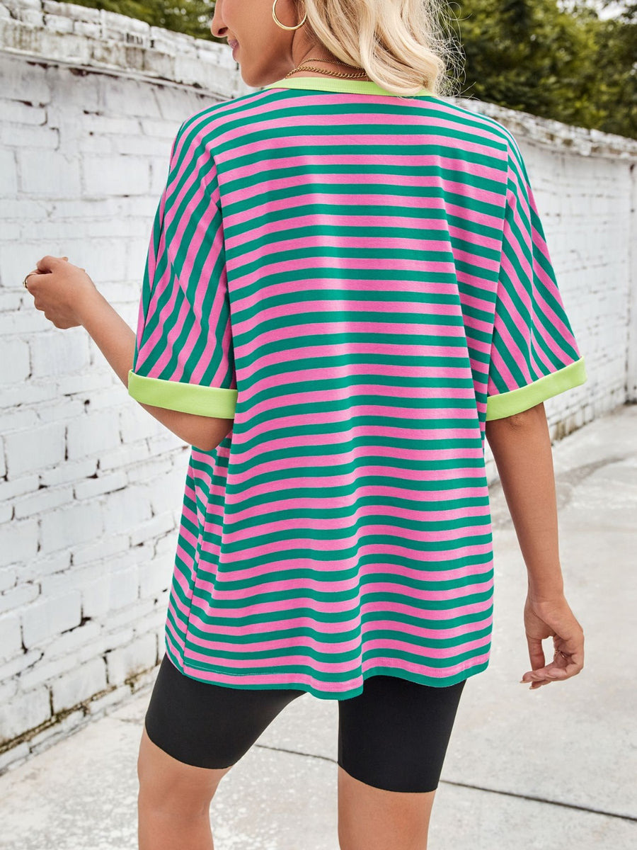 Striped Breton tee with green and pink stripes and lemon trim.