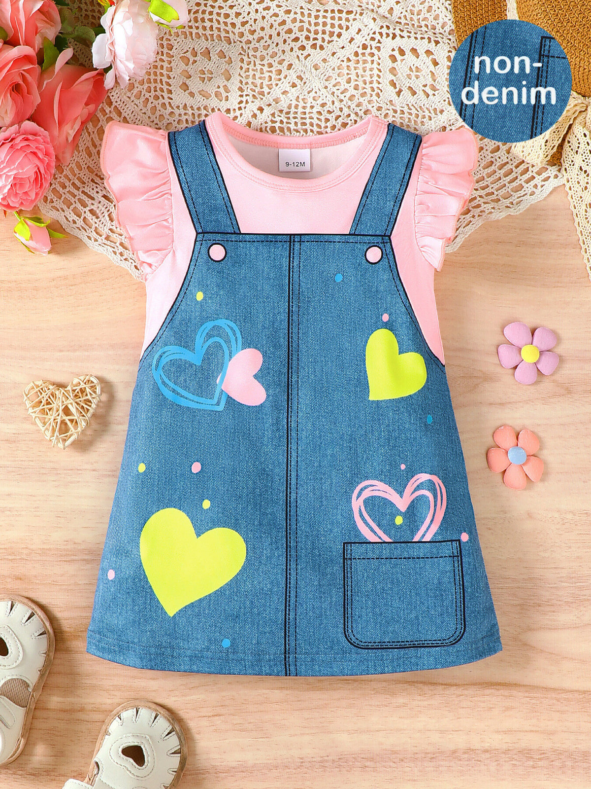 Baby dress with pink ruffle sleeves and a denim-look skirt featuring heart prints.