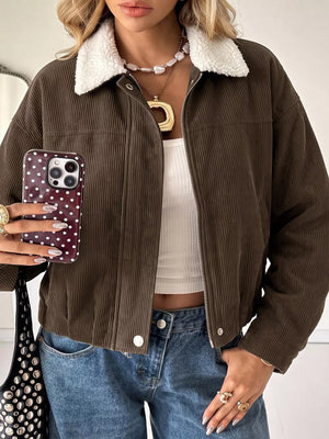 trucker jacket in dark brown featuring sherpa collar and relaxed fit