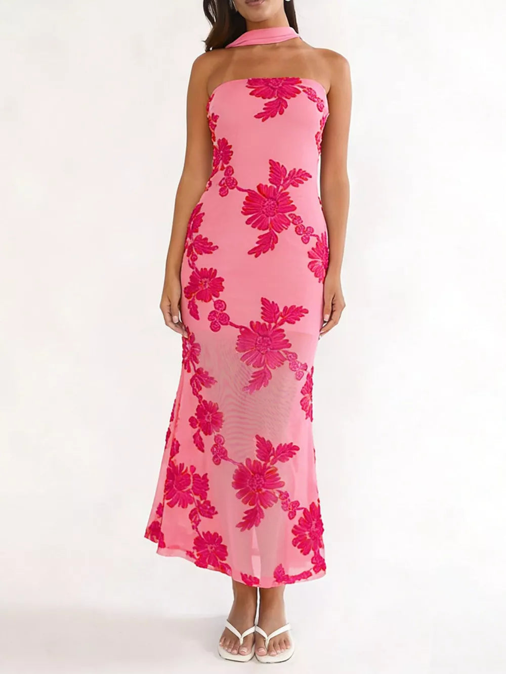 light pink maxi dress with floral and strapless