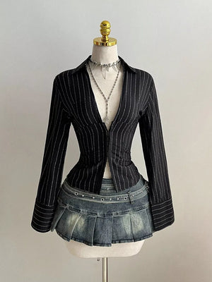 Striped Long Sleeve Fitted Blouse option 10