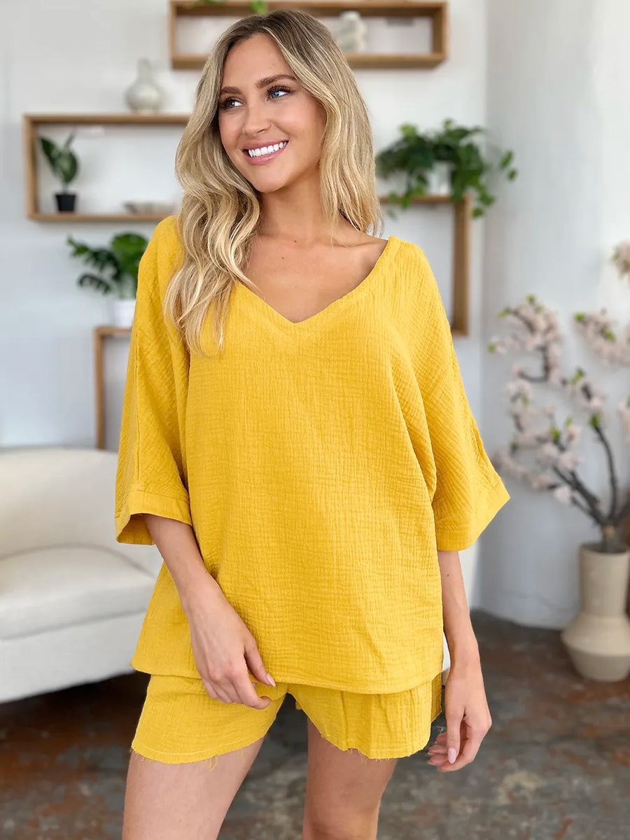Gold textured cotton half sleeve v-neck top and drawstring shorts set