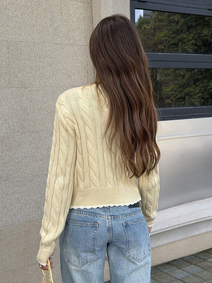 cardigan in Pastel Yellow with cable knit and buttoned