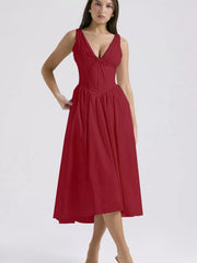 Deep Red V-neck midi dress with a-line skirt and ruched bodice detail.