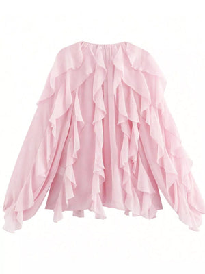 Pink sheer long-sleeve blouse with cascading ruffles.