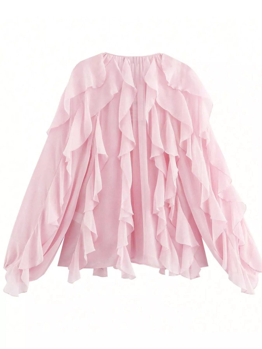 Pink sheer long-sleeve blouse with cascading ruffles.