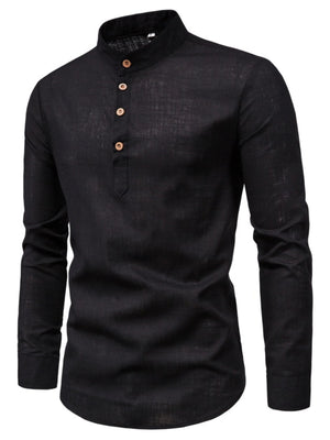 Black linen blend henley shirt with band collar and wooden buttons