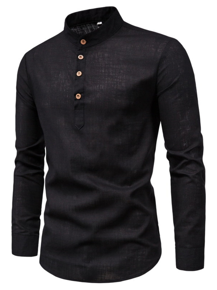 Black linen blend henley shirt with band collar and wooden buttons