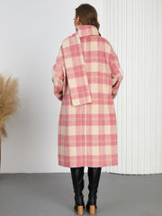 Pink and cream plaid cocoon coat with matching scarf, shown from the back.