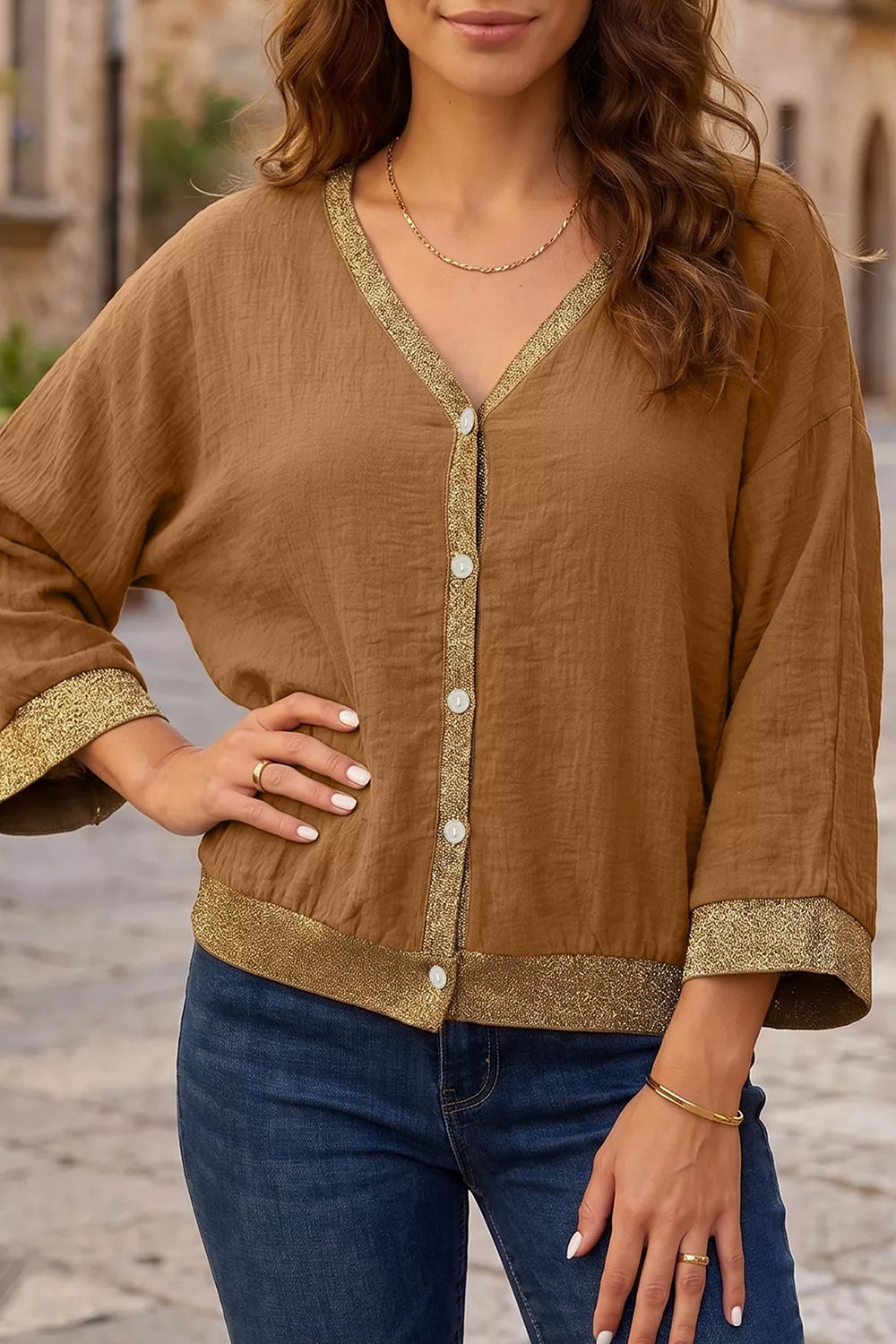 button-up shirt in camel featuring buttoned and relaxed fit